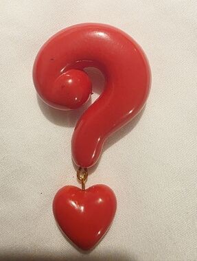 Vintage 1982 Hallmark Red Valentine Question Mark Pin with Heart Dangle–Unique